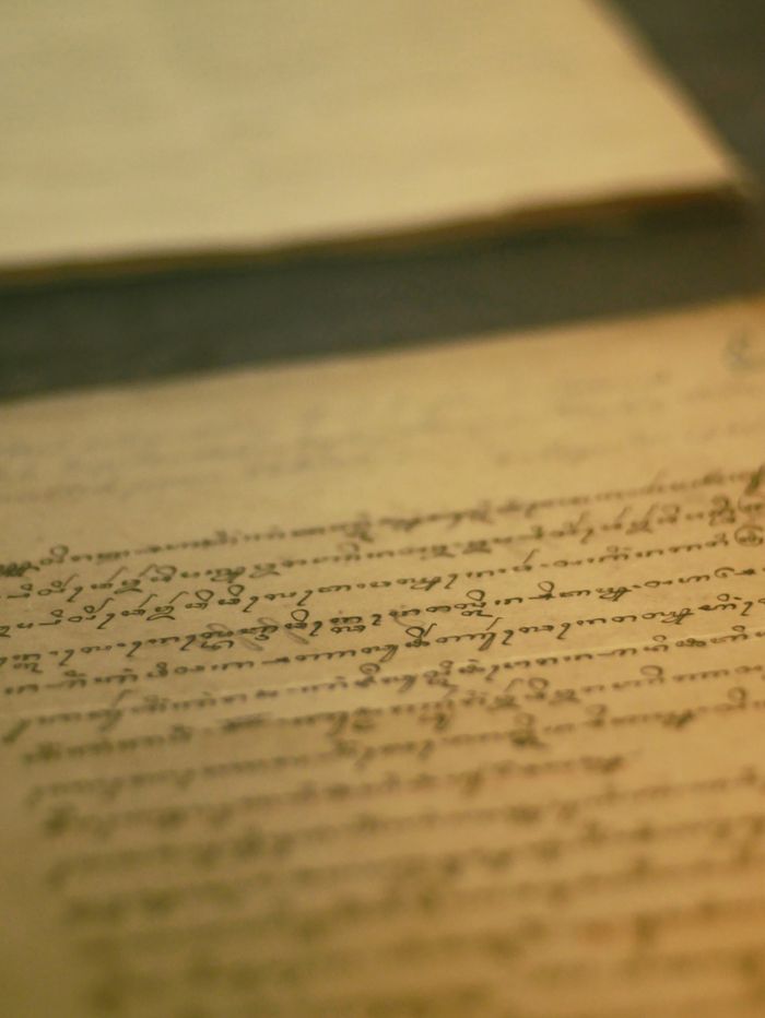 Close-up of an antique book page with cursive writing and aged paper texture.